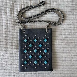 SS Fashion Womens Black Leather Studded turquoise gem Crosses Crossbody Bag Mini